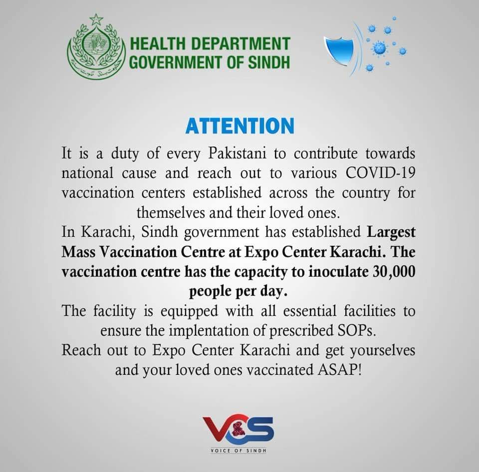 IamNadeemWagan's tweet photo. Proud of U @SindhGovt1 👏👏👏

@SindhHealthDpt has established Mass #COVID19 vaccination centre in Karachi. Pl get urself registered, get vaccinated, save urself &amp; save lives.

@BBhuttoZardari
@MuradAliShahPPP
@AseefaBZ
@AzraPechuho
@Qasimsoomro
@shaikhtanveerah

#WearAMask https://t.co/Vk3p1293PH