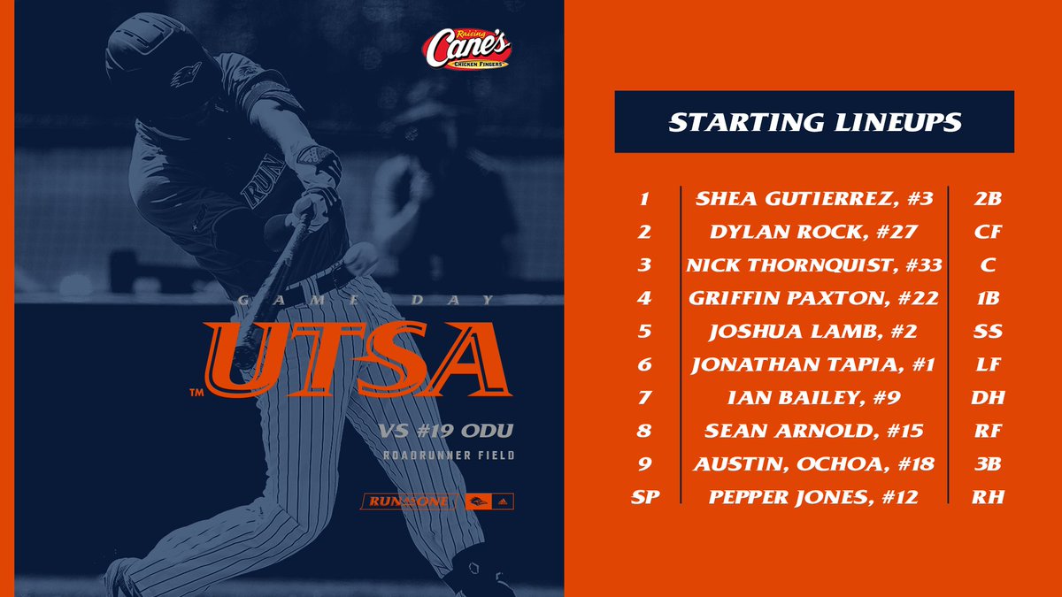 UTSABSB's tweet image. Junior righty Pepper Jones makes his fourth start of the year as we open a series with No. 19 ODU at 6 pm. 

💻 GoUTSA.com/BSBVideo
📊 GoUTSA.com/BSBStats

#BirdsUp 🤙