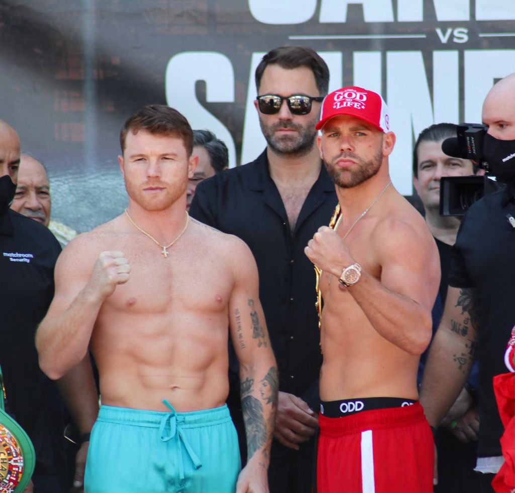 WBABoxing's tweet photo. Weigh in done in Dallas:

Saúl Álvarez (@canelo): 167.4 lbs

Billy Joe Saunders (@bjsaunders_): 167.8 lbs

WBA Super Middleweight Super Championship 🏆 

Who’s your favorite? 🔥 

📸 @ponchitasboxeo / WBA Press

#Boxing #WBA #WBABoxing #Roadto100years #CaneloSaunders https://t.co/BF5Cpv5GvK