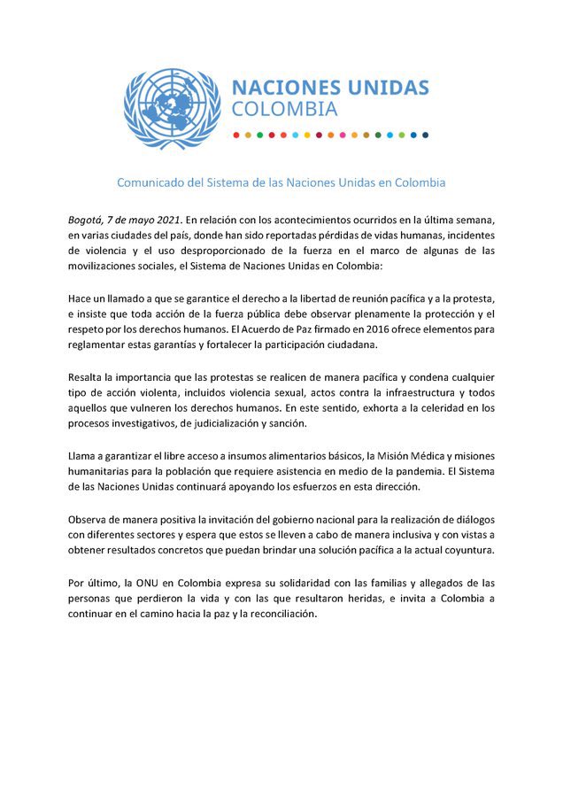 TadeoInternal's tweet photo. 🇨🇴Comunicado realizado por el Sistema de Naciones Unidas - Colombia. 

@MisionONUCol 

👇🏾👇🏾👇🏾👇🏾 https://t.co/FHNplEVLFY