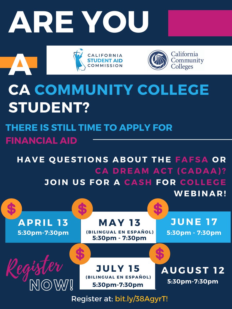 #FAFSA, #CADreamAct, and Chafee Grant applicants attending a <a href="/CalCommColleges/">California Community Colleges</a> can still qualify for #finaid if they apply by September 2nd! Get answers to your questions about the applications through a free virtual #CashforCollege event! Register at: events.com/r/en_US/regist…