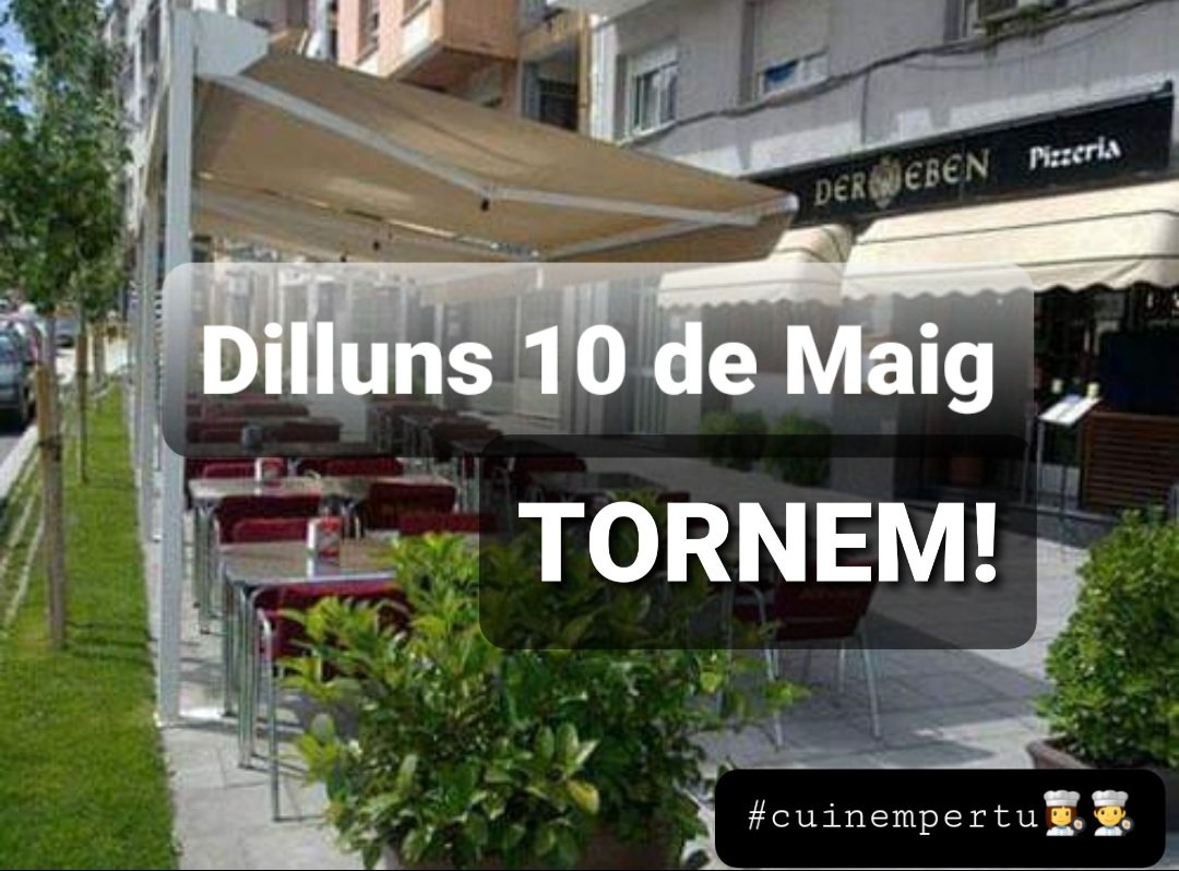 dereben's tweet photo. 📢 🔜 Contents d'anunciar que obrim portes el proper Dilluns 10 de Maig a les 8h.

Quines ganes de retrobar els nostres clients, amics i tothom que ens vulgui visitar‼️

#cuinempertu👩‍🍳👨‍🍳
#Tornem🔙 https://t.co/QGKvDwXkiU