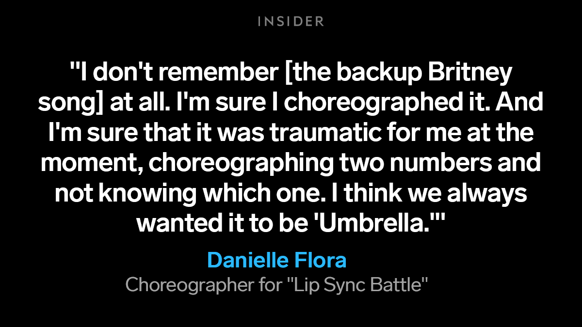 Britney Spears' "Oops I Did It Again" was prepared as a backup. According to the creative brief viewed by Insider, it would have involved Holland in a classic red latex jumpsuit and a possible cameo from Spears. https://www.insider.com/tom-holland-zendaya-lip-sync-battle-umbrella-oral-history-2021-5