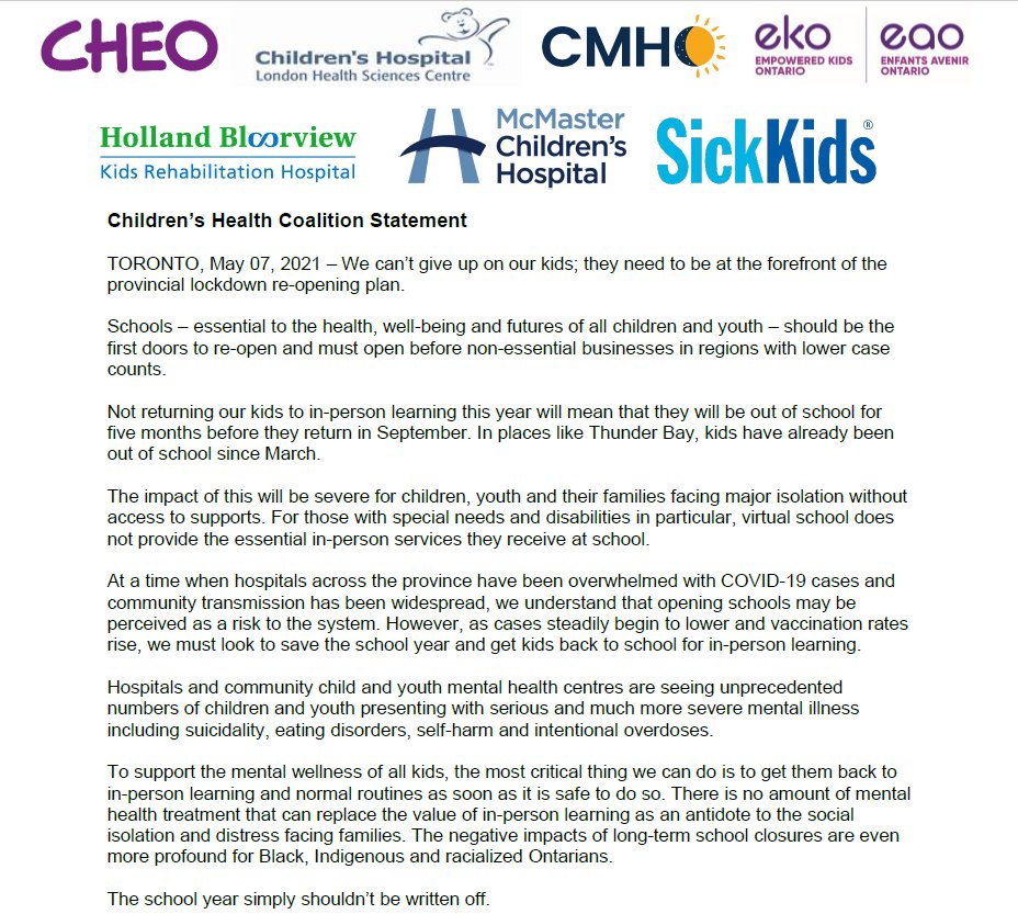 Pls RT! We can’t give up on our kids. They need to be at the forefront of the provincial lockdown re-opening plan. Schools are essential to the health, well-being and futures of all children and youth. Please read our statement #KidsInCrisis