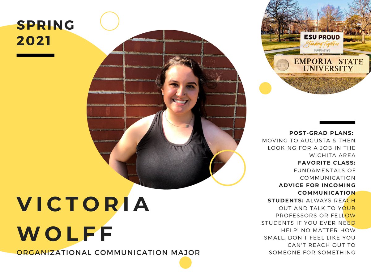 EsuCommProgram's tweet photo. Today for our #SeniorSpotlight we are celebrating Tori Wolff, an Organizational Communication Major. We’re so thankful to have had you in the department, though we’re sad to see you go!
#StingersUp #classof2021 #esucomm https://t.co/ndB2TavuWF