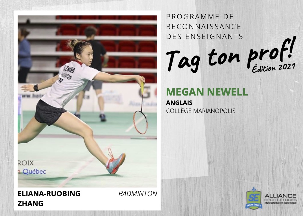 Congrats to #Marianopolis English Prof Megan Newell on being honoured for her exceptional support by Honours Health Sci student and badminton star Eliana Zhang. Eliana is among the student-athletes who succeed in their studies and sport thanks to the partnership with <a href="/AllianceS_E/">AllianceSportÉtudes</a>