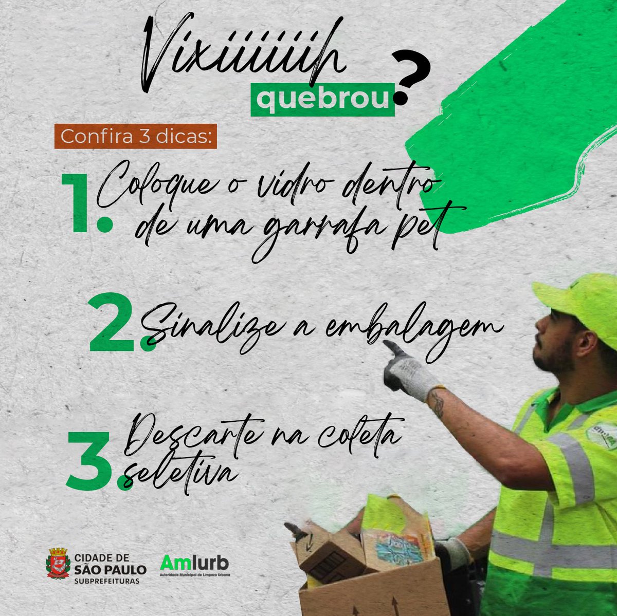 amlurb's tweet photo. Viiiih... Quebrou? 🤔

Confira as três dicas da AMLURB na hora de descartar o seu vidro quebrado!
⠀
Desta forma, além de colaborar com a reciclagem da cidade, você evita acidentes com os coletores! 😉

#amlurb #prefsp #reciclagem https://t.co/lRfKbiSYkQ
