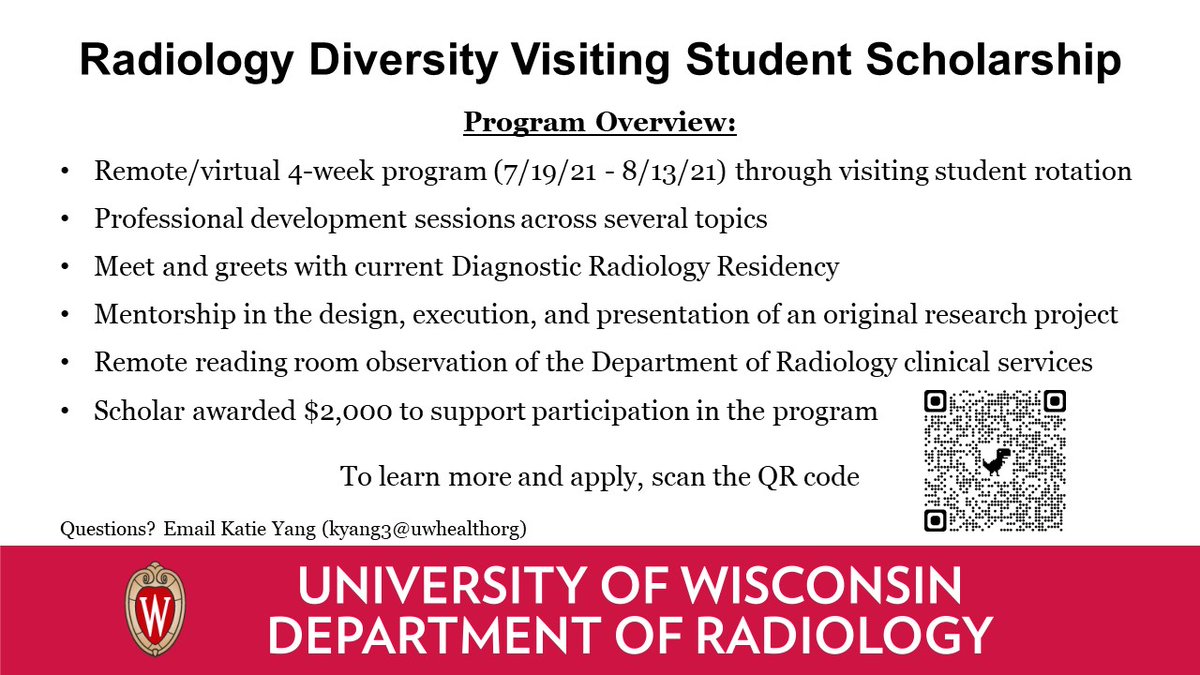 We are thrilled to announce our new Radiology Diversity Visiting Student Scholarship! This 100% virtual program will connect students to mentorship in professional development and research. Click to learn more and apply: radiology.wisc.edu/education/medi…