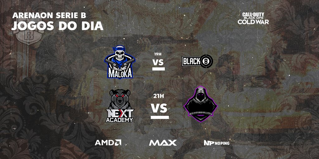 Se prepara, pega a pipoca e uma cobertinha que daqui a pouco tem #CallOfDuty com a <a href="/ArenaOnOficial/">ArenaOn</a> por aqui! 😏🙌 
Começando na copinha!

#ColdWar Serie B 🏅

<a href="/TeamMaloka/">Team Maloka</a> 🆚 <a href="/Black8Team/">B8</a>
<a href="/NexTeamORG/">NexT Team</a> 🆚 <a href="/MagicianKTeam/">Magician Killers E-sports</a>

🗣 Com <a href="/CHFilho_/">CH ♚</a> e <a href="/freezethefate/">Freeze</a>
📺 twitch.tv/arenaon_bts