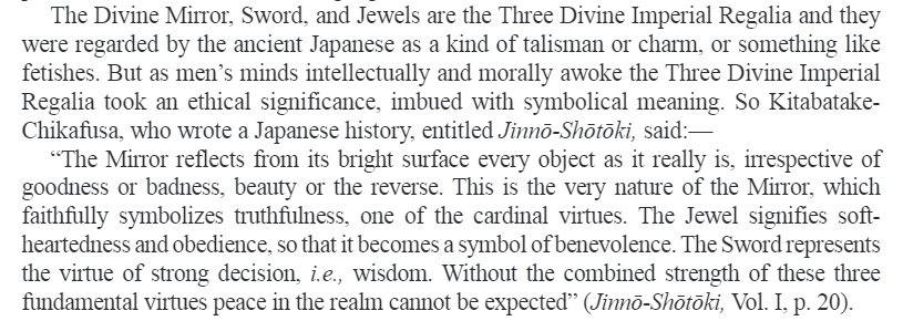 I've been reading this book about Shintō practices and this part about the Imperial Regalia of Japan (mirror, jewel, and sword) is interesting because the virtues they represent remind me a lot of the natures of the JJK first-year trio. Like the mirror's impartial honesty is >>