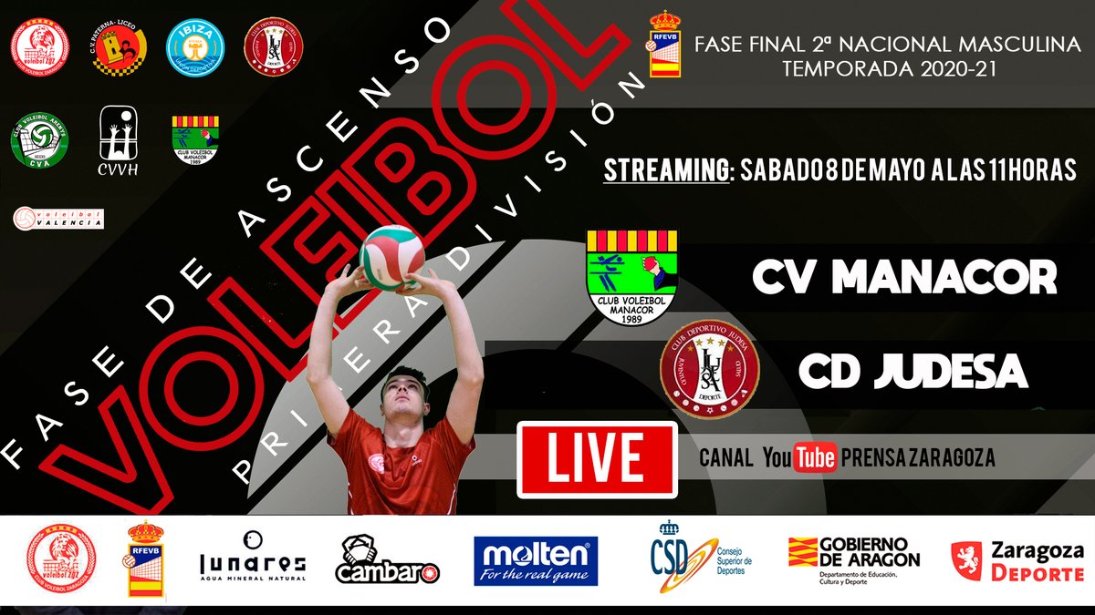 - Grupo B:
  9H --> PARTERNA LICEO LEONES - CLUB VOLEIBOL ARENYS

11H --> CAFÉ ES POP CV MANACOR - CLUB DEPORTIVO JUDESA

Streaming Canal de Youtube Prensa Zaragoza
