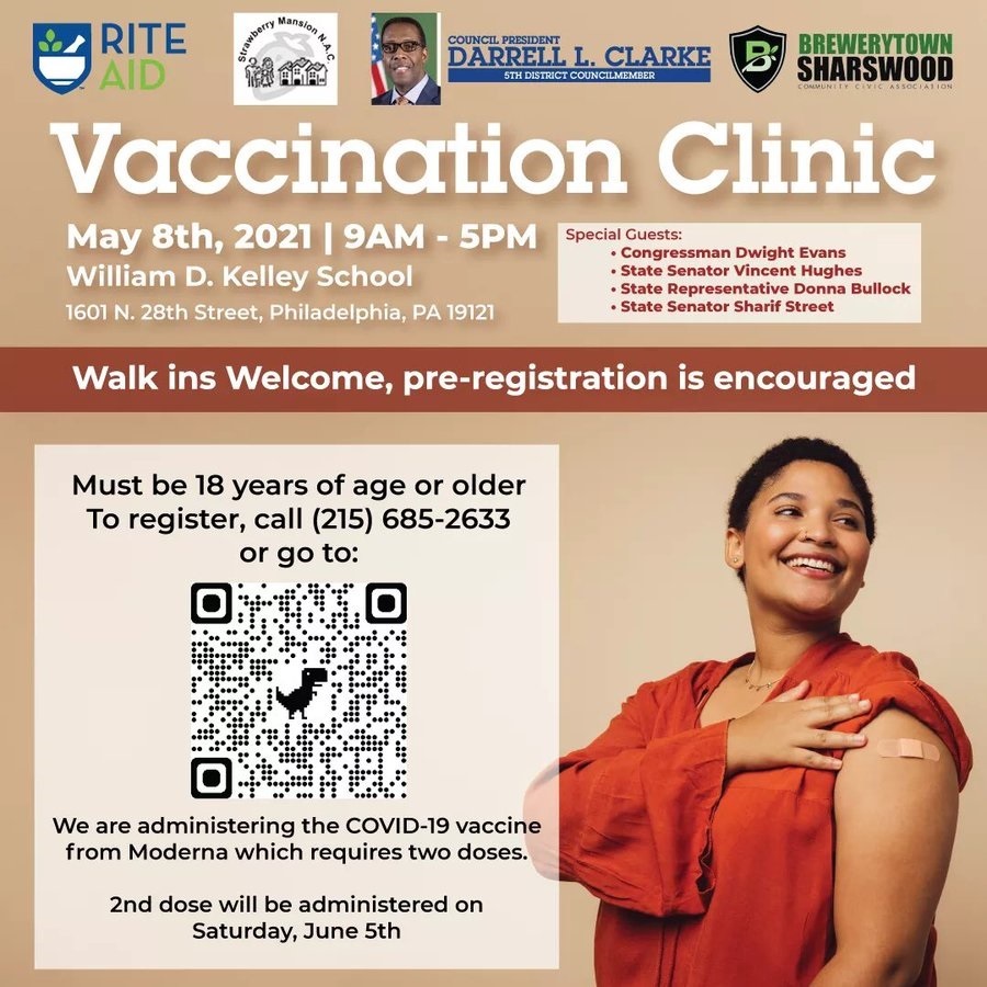 RepDwightEvans's tweet photo. 1/ As #CBCVaccinationWeek continues, there are several more vaccine clinics coming up in #Philly, including this one on Saturday in #NorthPhilly – Don’t miss out!
(For easier registration, scan the QR code at right with your phone's camera) https://t.co/plNBxCl2Od