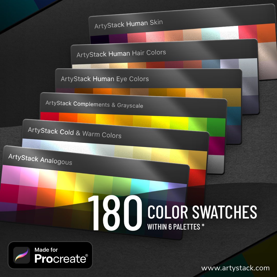 ArtyStack's tweet image. 6 Essential Color Palettes for digital illustration, 180 Procreate Swatches
✍🏼 🎨 
Available at: ArtyStack.com 
#artystack #procreateart #digitalart