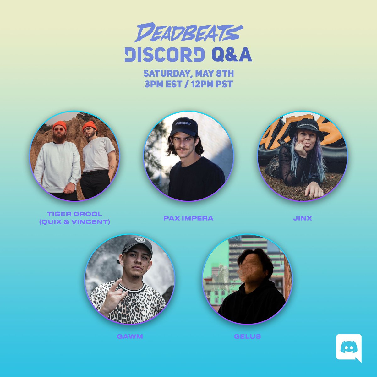 get your questions ready!!! <a href="/deadbeats/">Deadbeats ☠️</a> Discord Q&amp;A tomorrow with our friends <a href="/gawmmusic/">GAWM</a> <a href="/jinxwrld/">Jinx Wrld</a> <a href="/paximpera/">Pax Impera</a> <a href="/iamgelus/">Gelus</a>