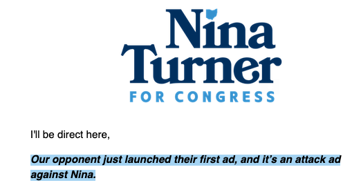 "According to  @ninaturner yesterday I launched an “attack ad” against her.The ad says she’s been “highly critical of  @JoeBiden”Is being “highly critical” no longer something Nina is proud of now that she's trying to win votes?