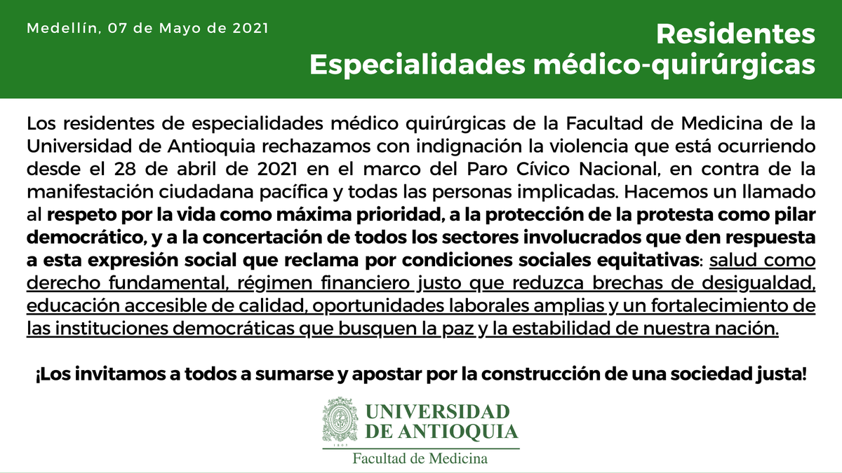 DiegoEspindolaF's tweet photo. Comunicado de los residentes de especialidades clínico quirúrgicas @Medicina_UdeA @UdeA @johnarboleda63 frente al panorama actual https://t.co/DCCvdrU4gK