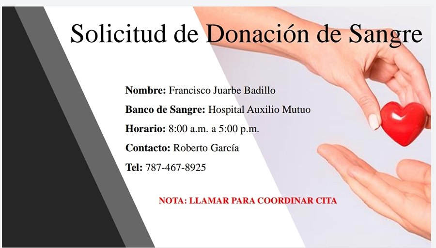 IreneMaymi's tweet photo. Se solicitan donantes de sangre para el Sr. Francisco Juarbe Badillo padre del Honorable Fiscal Yamil Juarbe.🙏 https://t.co/Z8Ifi6kv17