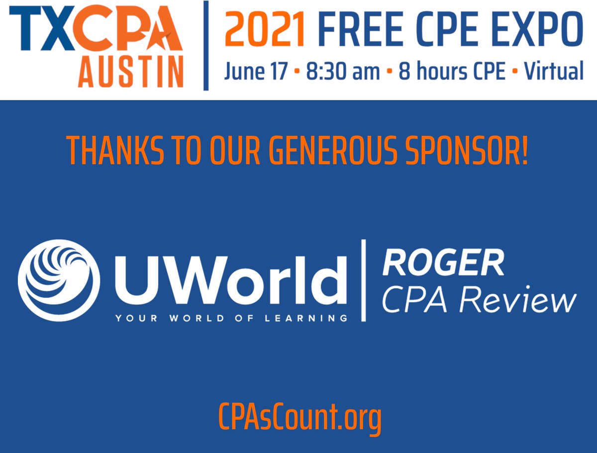 <a href="/TXCPAAustin/">TXCPA Austin</a> is thankful for its latest corporate partner for the 6/17 Expo: @RogerCPAReview! Contact shayes@uworld.com to find out more about highest quality course in CPA Exam prep.
cpascount.org
#CPAsCount #txcpaaustin #sponsor #cpe #cpa #thankyou #cpaexam #hellocpa