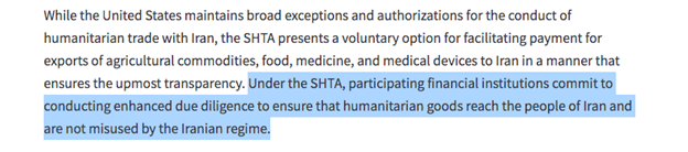 3/ In response to bottlenecks, the Swiss govt worked with Trump admin to develop a mechanism (SHTA) that would facilitate humanitarian trade - as the Treasury Dept put it - "upmost transparency". In other words, due diligence ensuring appropriate oversight. Here's USG: