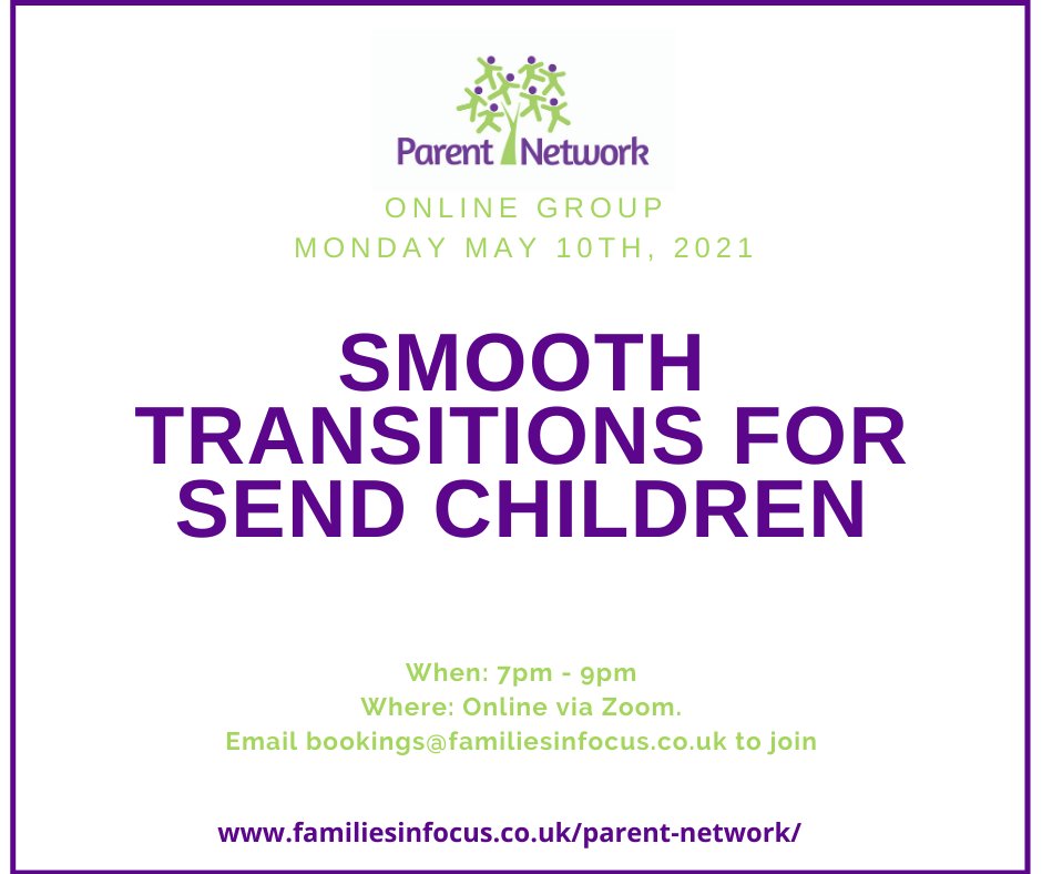 Come and join our founders, Francine and Lesley at Families in Focus' virtual Parent Network on Monday May 10th, 7-9pm, to discuss how to make transitions smooth for SEND children. Bookings@familiesinfocus.co.uk for Zoom codes
