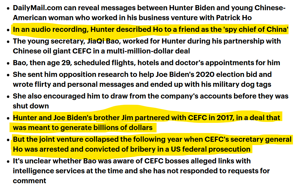 Why can't people see the obvious when it is buried behind salacious allegations?Hunter & Jim Biden cut a deal with Patrick Ho, but before it could be realized he was caught on a bug, at a Trump property bribing a variety of UN & African officials.Hunter's partners get busted!