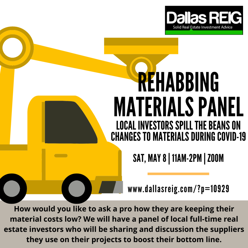 DallasREIGGroup's tweet photo. Join us tomorrow at 11am to learn Pricing for Rehabbing Materials! If you are rehabbing or building houses, you don't want to miss this! Register here: https://t.co/GuV5O1Yv7X https://t.co/YAkcLOKxpw