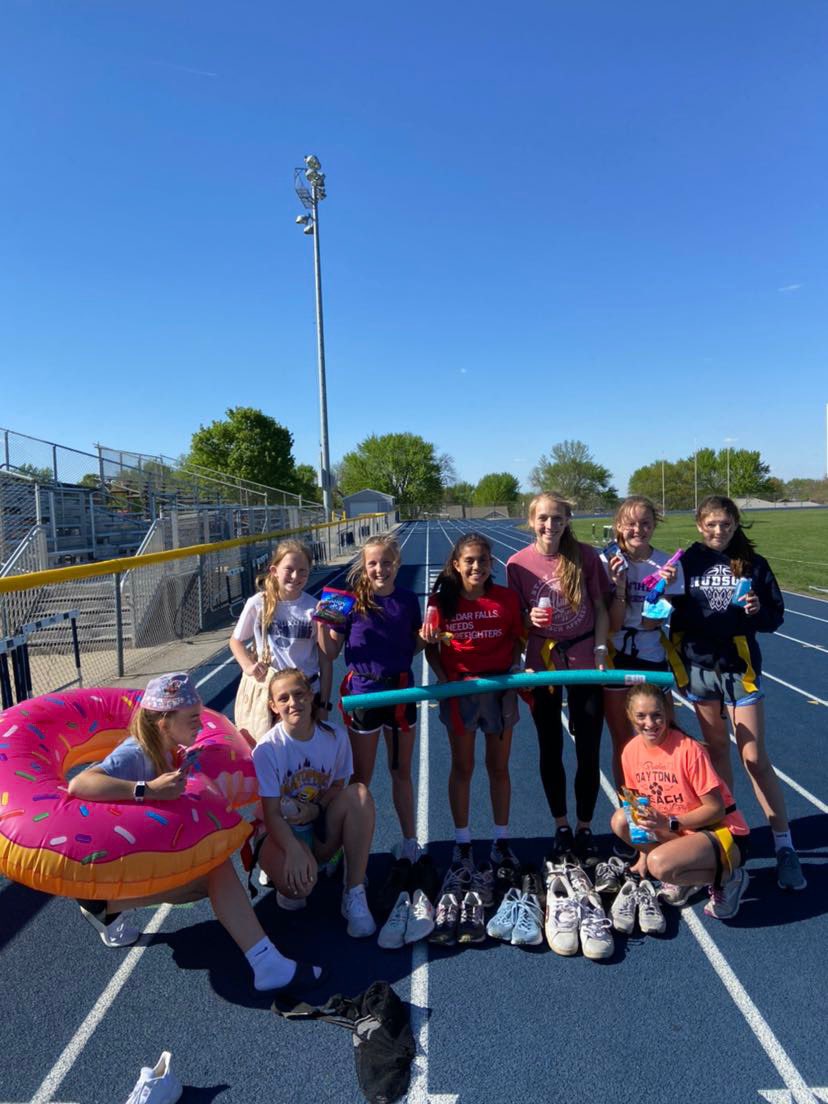 The track team competed in their annual garage sale sale competition today. The three categories they were judged on were amount of shoes, sports, and beach. All of the shoes are being donated #hudsonschools (jc)