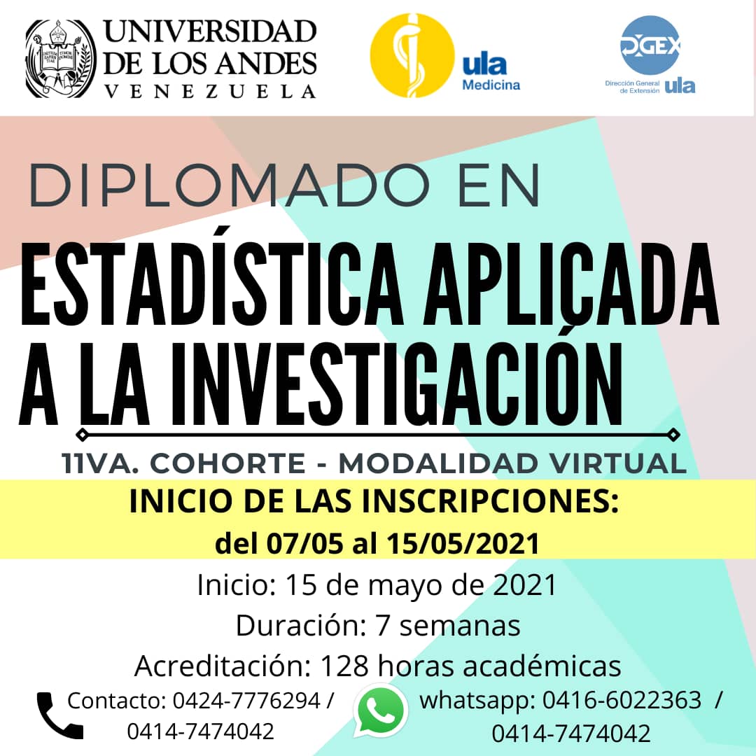 Inició el período de inscripciones, 7-15 de mayo de 2021 del Diplomado en #Estadística Aplicada a la #Investigación #ULA #Mérida #Venezuela - #Virtual y asincrónico - 128 horas en 7 semanas - Inicio el 15 de mayo de 2021 sites.google.com/view/investiga…