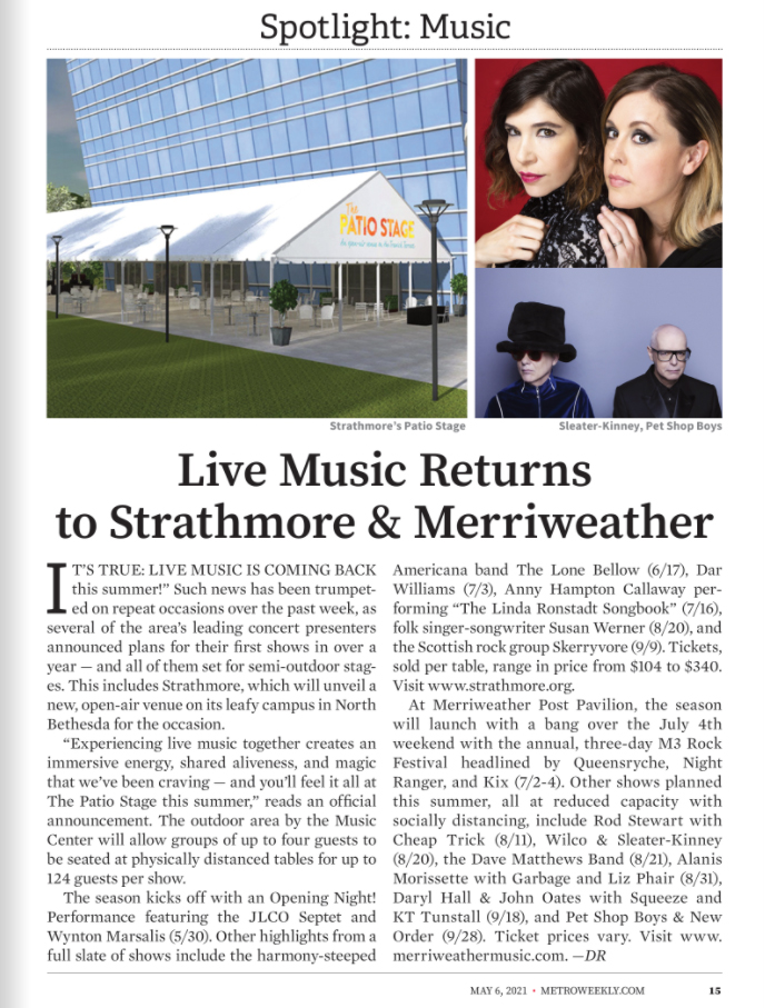 strathmore's tweet photo. “'It’s true: live music is coming back this summer! Such news has been trumpeted on repeat occasions over the past week...” From article by @ruleonwriting in @metroweekly https://t.co/Fy5K0IQWip https://t.co/ufaw5t8H6K
