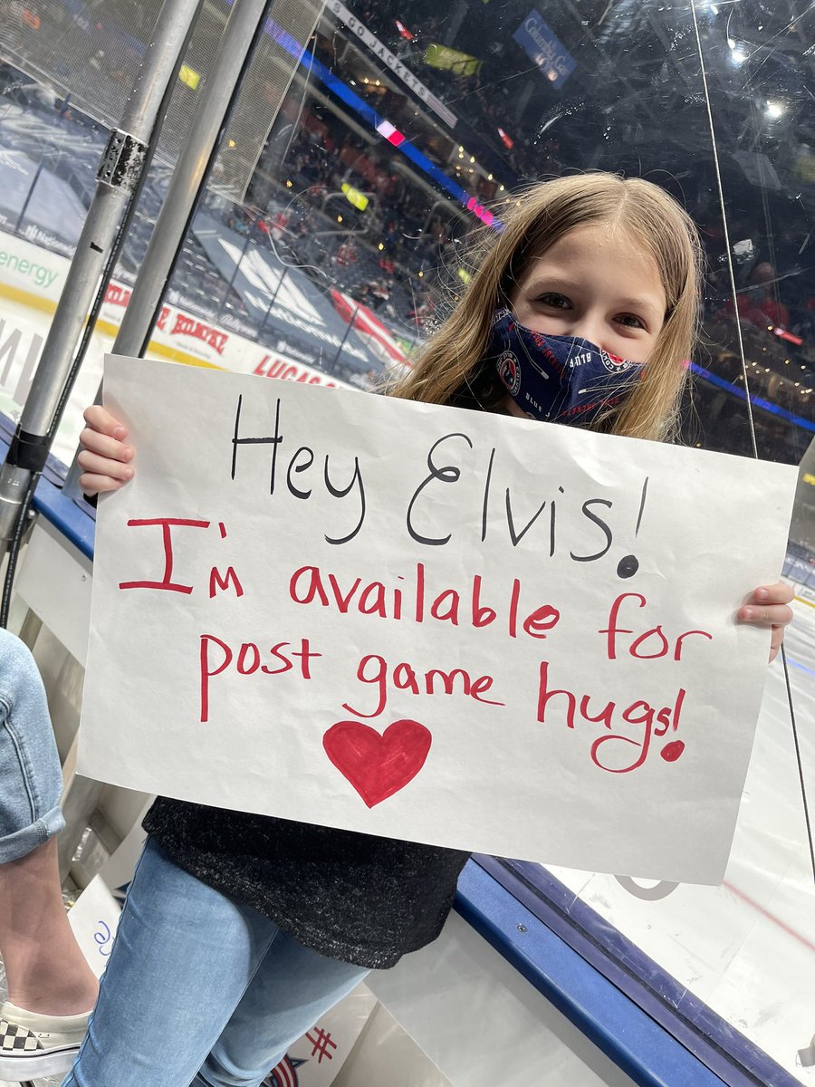 JKS0207's tweet photo. No @NickFoligno so Joslyn was ready to step up to the task! Thanks for the hug @Merzly30 #cbj @BlueJacketsNHL https://t.co/TF7g4bOuO5
