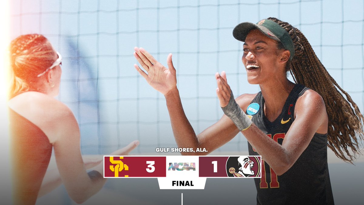 📊 FINAL: [2] No. 2 USC def. [3] No. 3 Florida State, 3-1, in the #NCAABeachVB winner's bracket semifinal in Gulf Shores, Ala. #FightOn ✌️🏐🏆🏆🏆🏖 #USCBeach