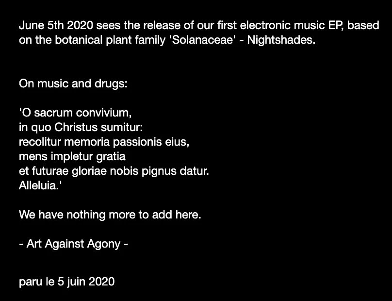 At the end of the video this rolled up. Solanaceae (Nightshade) is the name of their EP & a flowering plant. The text, also on their basecamp page, is the "O sacrum convivium" a Latin prose text that celebrate the Eucharistic celebrarion (not from the Bible)