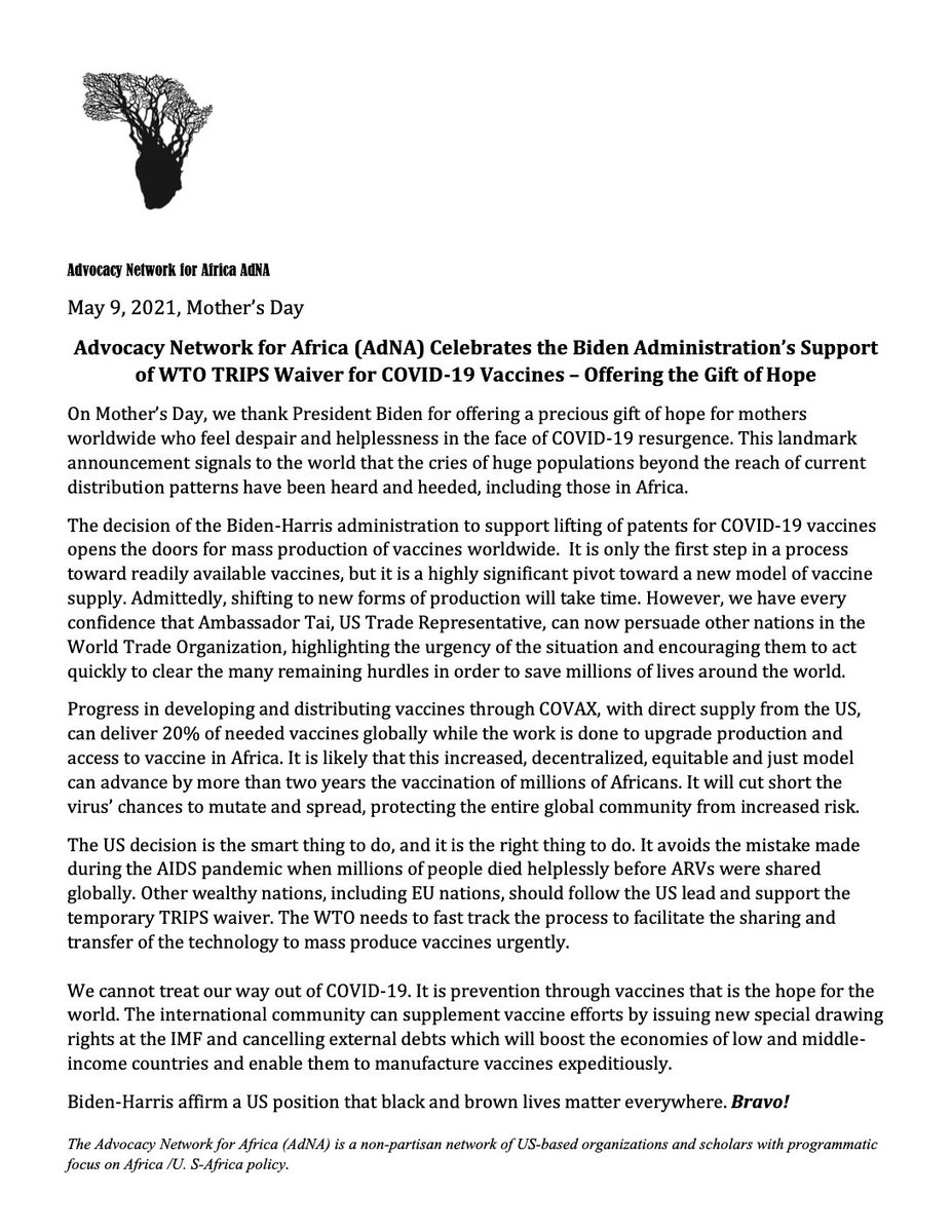 QabbaneeDC's tweet photo. The US has taken a bold stand: to support lifting patents to make COVID vaccines available worldwide. Despite objection from big pharmaceutical companies, this approach gets vaccine protection to people beyond the reach of the Big Pharma business model. Bravo! Happy Mother's Day! https://t.co/4Y8kUqXHLC
