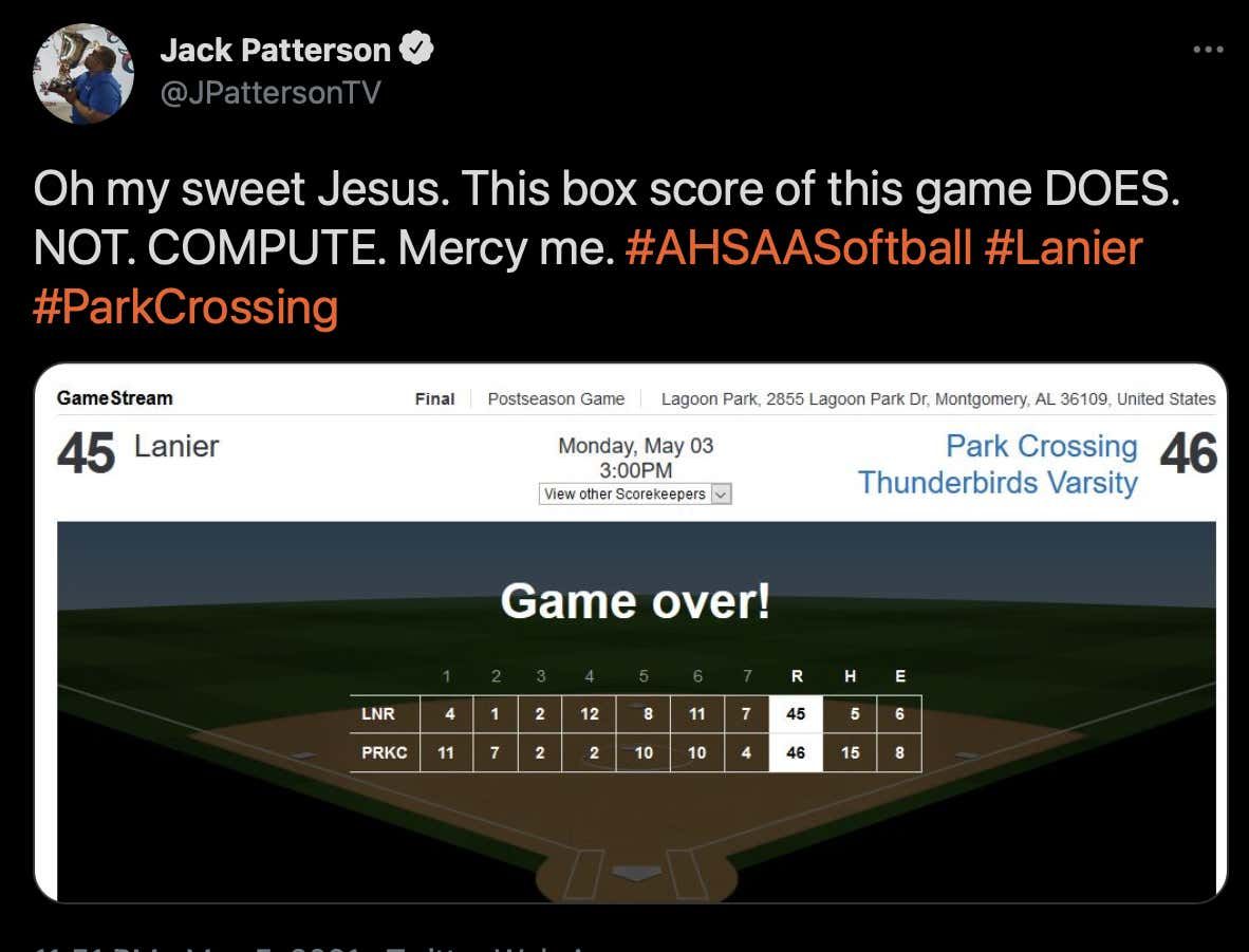 An Alabama High School Softball Team Scored 45 Runs in a Playoff Game and Lost in the Greatest Box Score You Will Ever See barstoolsports.com/blog/3362742/a…