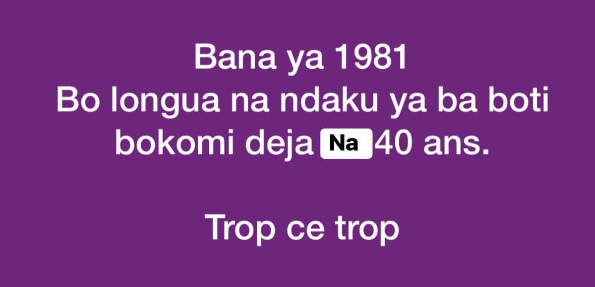 kin_masolo's tweet photo. Bana ya 1981 
Bo longua na ba ndaku 
Ya Ba boti na bino 🙄

Toza na 2021 
Bokomi deja na 40 ans 
Trop ce trop 🙄
——————
Bo Luka ata mua studio 
Yako futela ? 🙄

Ozo yoka soni te 
Na 40 ans ofandi 
chez ba parent 🙄

Au tié pe makolo na messa 
Ozo fina télécommande 🙄
——————- https://t.co/IoAZVwVizM