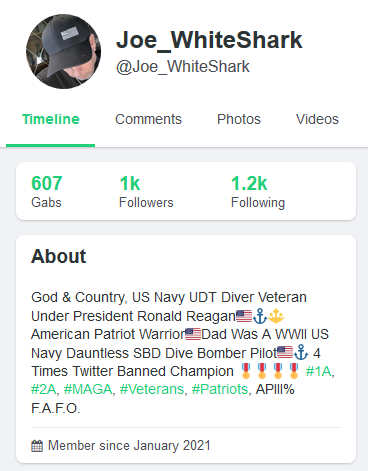 The new leader of the North Carolina group is a member of the American Patriots III% militia using the name Joe Whiteshark. He is a fairly typical MAGA boomer, which is concerning because it's evidence of WLM's attempts to radicalize normie conservatives.
