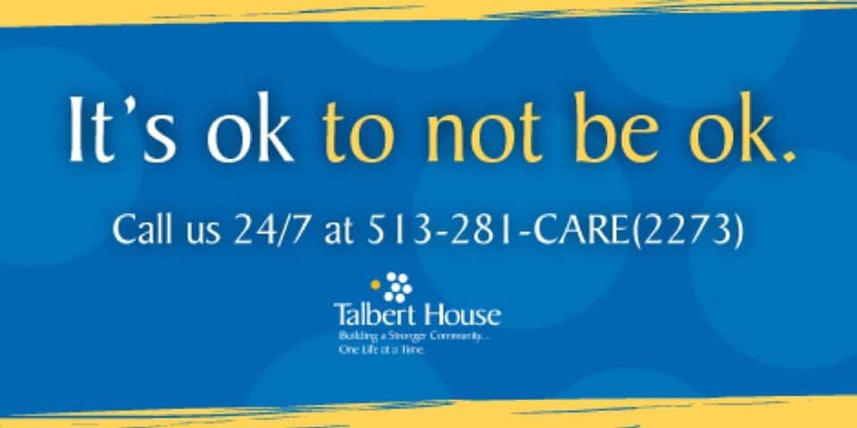 talberthouse's tweet image. If you or someone you know needs to talk the Talbert House crisis hotline is available 24/7 but calling 513-281-CARE(2273) or by texting "talbert" to 839863.