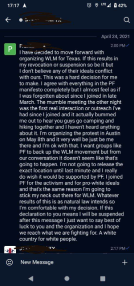 One group that doesn’t seem to have much interest in WLM is Patriot Front. One of their members RooftopAryan is in charge of the Texas channel. PF, correctly realizing that WLM is a sinking ship, chose to discipline him for his participation with the organization.