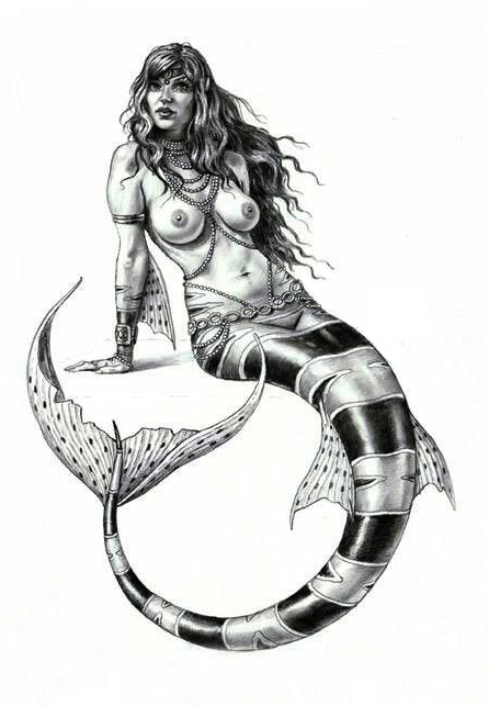 Instead of legs, a mermaid usually has a fish fin, the scales of which can shimmer in bright colors. Her young and slim torso is either bare, while her breasts are exposed or hidden by her long and full hair. Often, however, she also wears a kind of clam bra.