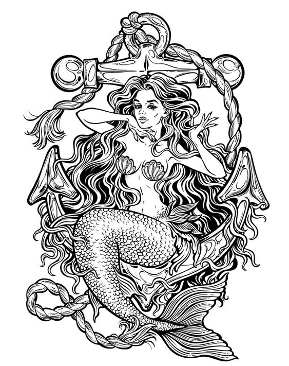 The mermaid can be perfectly combined with other seafaring motifs such as anchor, steering wheel, ship or wave.