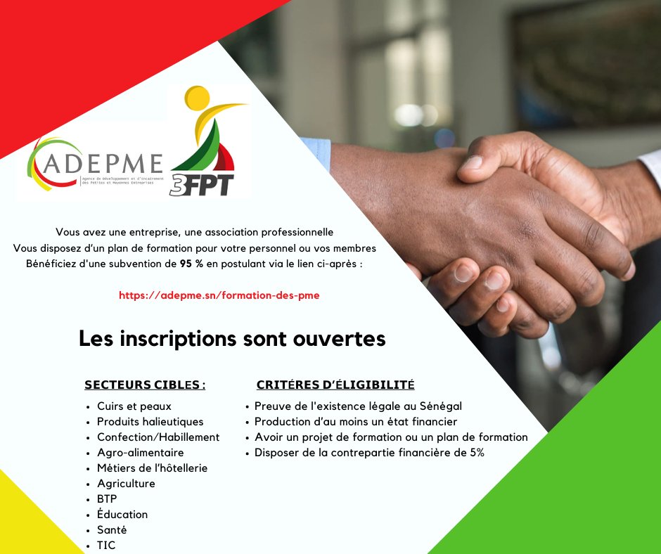 Adepme's tweet photo. 📣📣 Les inscriptions sont ouvertes
 
Bénéficiez d'un accompagnement technique et d'une subvention de 95% de vos actions de formations.

Pour plus de détails rendez-vous sur notre site⤵:  https://t.co/cLSRAU1SVN

#adepme  #coachfuturschampions
#3FPT #senegalpme
 #formation https://t.co/0J1JepDJsx