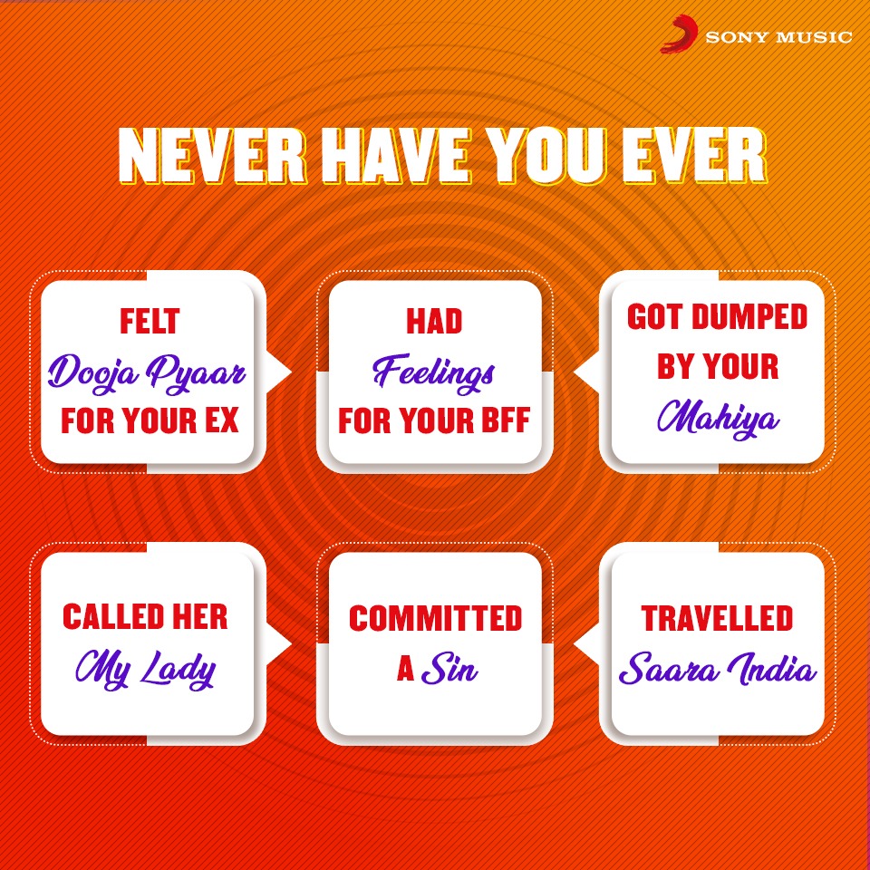SonyMusicNorth's tweet photo. A little something for you to refresh your college days. 🤩
Count your score and tell us in the comment section below 👇🏻

#doojapyaar #feelings #mahiya #mylady #sin #saaraindia #akhil #sumitgoswami #pavdharia #rish #sidhumoosewala #aasthagill #neverhaveIever #dare #daregames https://t.co/7yJSMhERwn