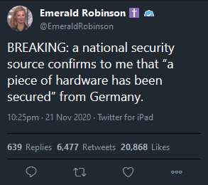 Just starting a little thread to collect stuff about the US Military getting into a firefight with the CIA in Germany to seize the servers with the "real" election results, because I wanna do a write-up what with Emerald making news again this week.