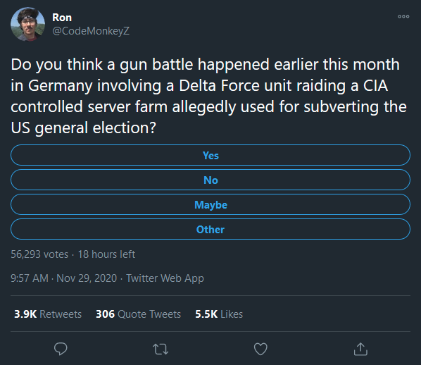 Just starting a little thread to collect stuff about the US Military getting into a firefight with the CIA in Germany to seize the servers with the "real" election results, because I wanna do a write-up what with Emerald making news again this week.