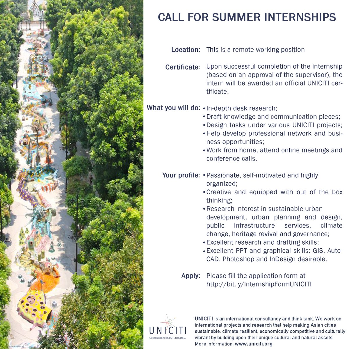 UnicitiOfficial's tweet photo. A summer #internship opportunity with UNICITI.
We welcome undergraduate and master students as well as fresh graduates.
This is a remote and a full-time opportunity, with a minimum duration of 2-3 months. The internship is not remunerated.
#UNICITIOfficial #ThirdWayCities https://t.co/FhUZDQfASf