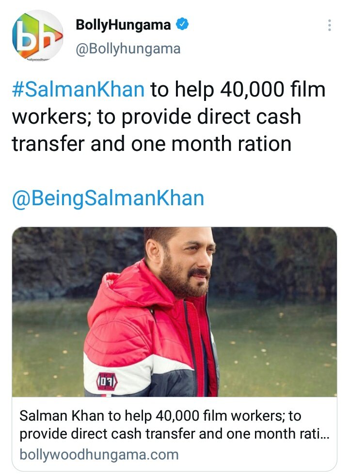 [13]. And Yet Again  #SalmanKhan is Donating ₹1500 To Around 40000 Industry Workers (2500 FWICE Workers + 15000 Women Workers), Total Around 6 Crore For 1 Month![14]. He Has Also Promised 1 Months Ration To All Those 40000 Workers (Worth 20 Cr+) 25 Crore+ In Total (10/n)