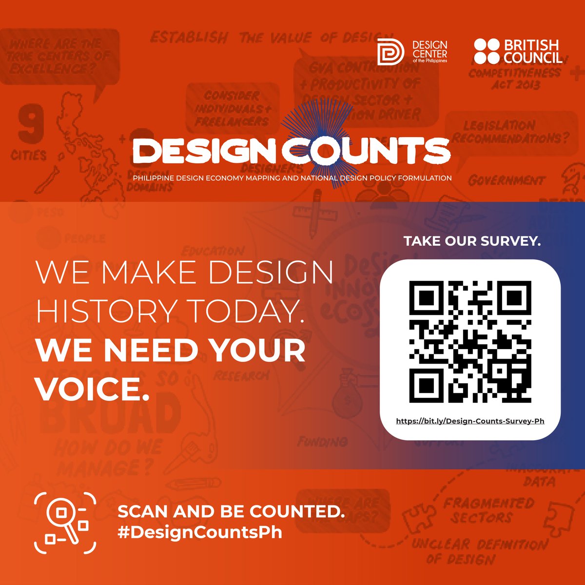 How do we define Philippine design in this day and age?

Let's paint a clearer picture of what Philippine design is and where we want to take it together.

Scan the QR code and be counted or take the survey here:  bit.ly/Design-Counts-…

Read more here: designcenter.ph/design-counts/