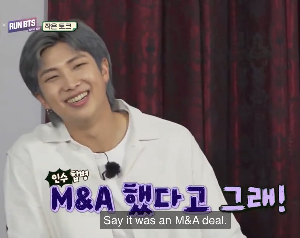 Jungkook did not particularly want to disclose what he bought (do we think it was, like, socks or something super big ticket?), so instead he said he bought The Game Caterers and Joon was like LET ME CREATE A FICTIONAL M&A DEAL, IT CAN BE A WHOLE DRAMA.