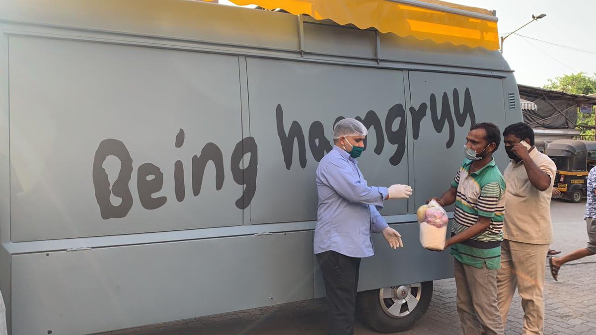 [9]. Started The Most Successful  #BeingHaangryy Initiative, Through Which Large Food Trucks Supplied Cooked Meals To The Outskirts of Mumbai City, Also Distrubuted Free Vegetables & Fruits In Mumbai Through These Trucks Day and Night.(6/n)