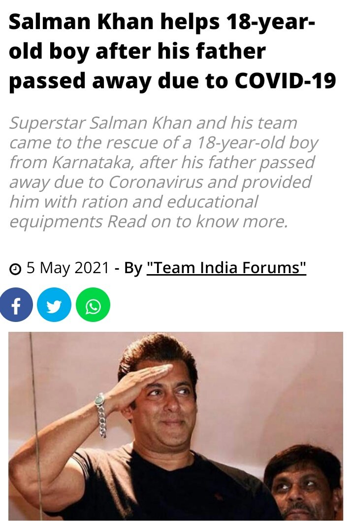 [11].  #SalmanKhan and his Team Came To The Rescue of a 18 Hear Old boy from Karnataka, after His Father Passed Away Due to Coronavirus and Provided him with Ration and Educational Equipments!(8/n)